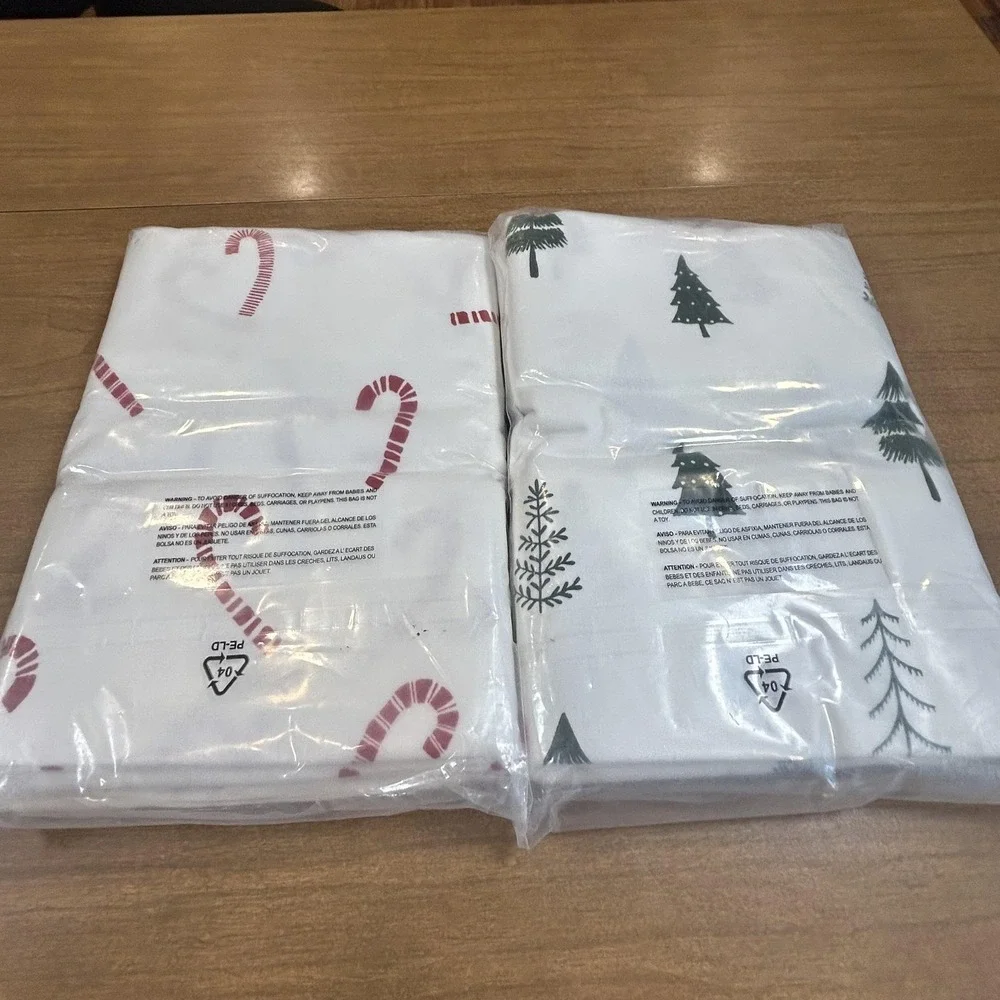 Set 4 Garnet Hill Flannel King Pillowcases 20x36 Candy Cane Christmas Tree New